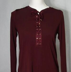 Ralph Lauren Burgundy Lace-Up Long Sleeve Top | Size S